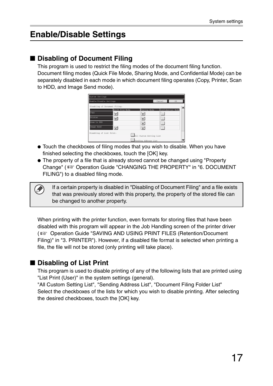 Enable/disable settings, Disabling of document filing, Disabling of list print | Sharp MX-C381 User Manual | Page 18 / 30