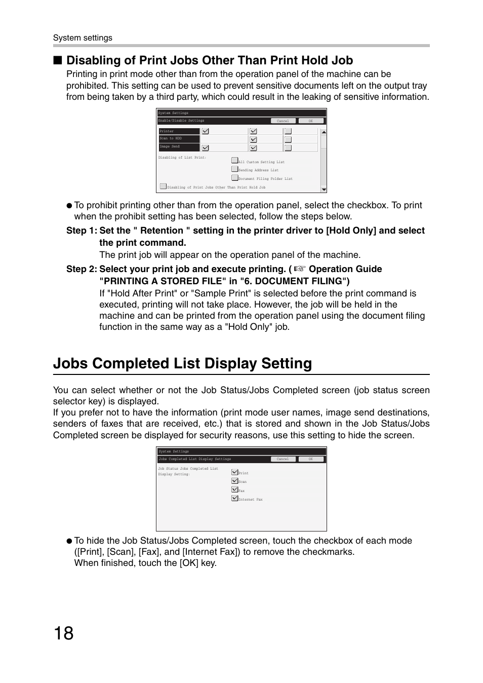 Jobs completed list display setting, Disabling of print jobs other than print hold job, System settings | Sharp MX-C381 User Manual | Page 19 / 30