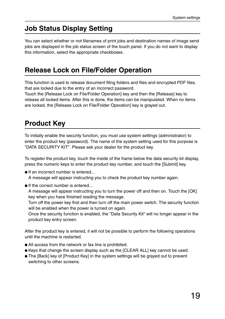 Job status display setting, Release lock on file/folder operation, Product key | E "release lock on file/ folder operation, Ge 19 | Sharp MX-C381 User Manual | Page 20 / 30