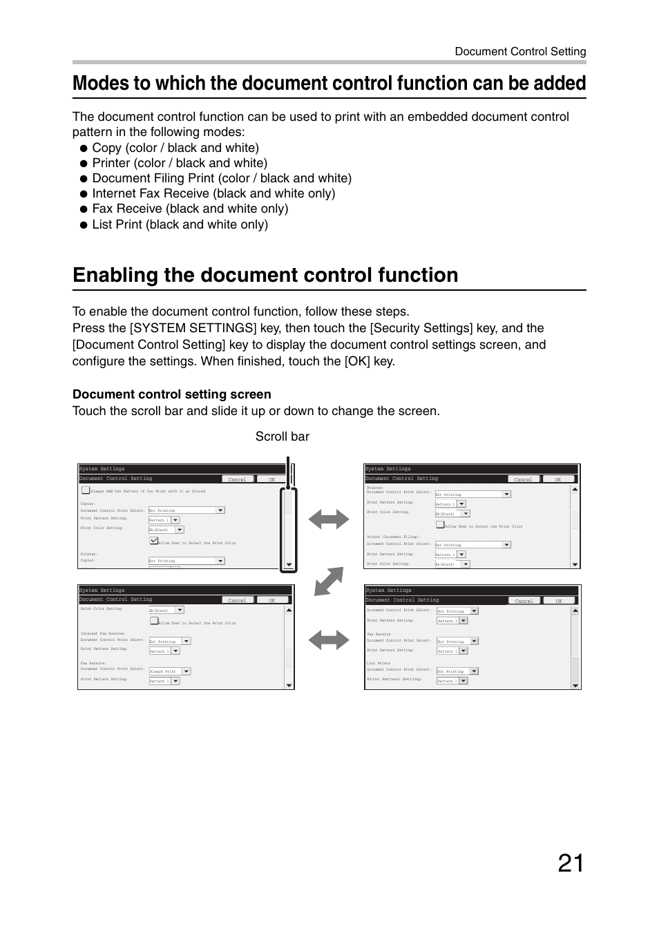 Enabling the document control function, Copy (color / black and white), Printer (color / black and white) | Document filing print (color / black and white), Internet fax receive (black and white only), Fax receive (black and white only), List print (black and white only), Scroll bar, Document control setting | Sharp MX-C381 User Manual | Page 22 / 30