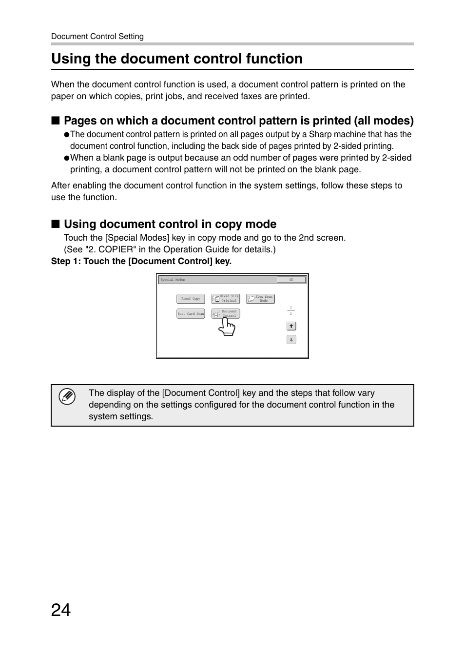 Using the document control function, Using document control in copy mode | Sharp MX-C381 User Manual | Page 25 / 30