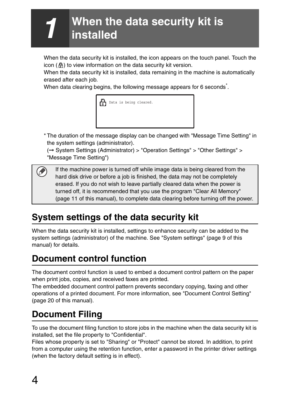 When the data security kit is installed, System settings of the data security kit, Document control function | Document filing | Sharp MX-C381 User Manual | Page 5 / 30