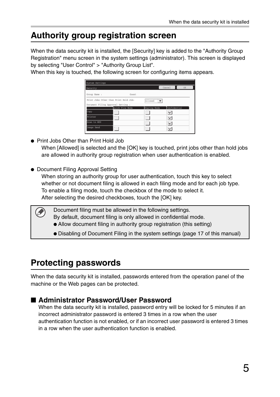 Authority group registration screen, Protecting passwords, Administrator password/user password | Sharp MX-C381 User Manual | Page 6 / 30