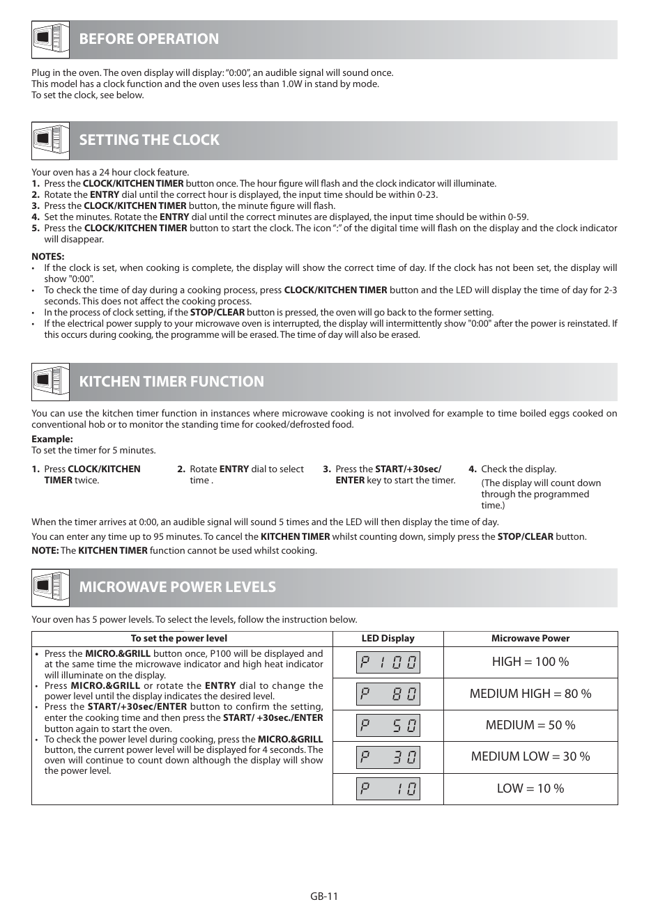Before operation setting the clock, Kitchen timer function, Microwave power levels | Sharp R-622STM User Manual | Page 12 / 20