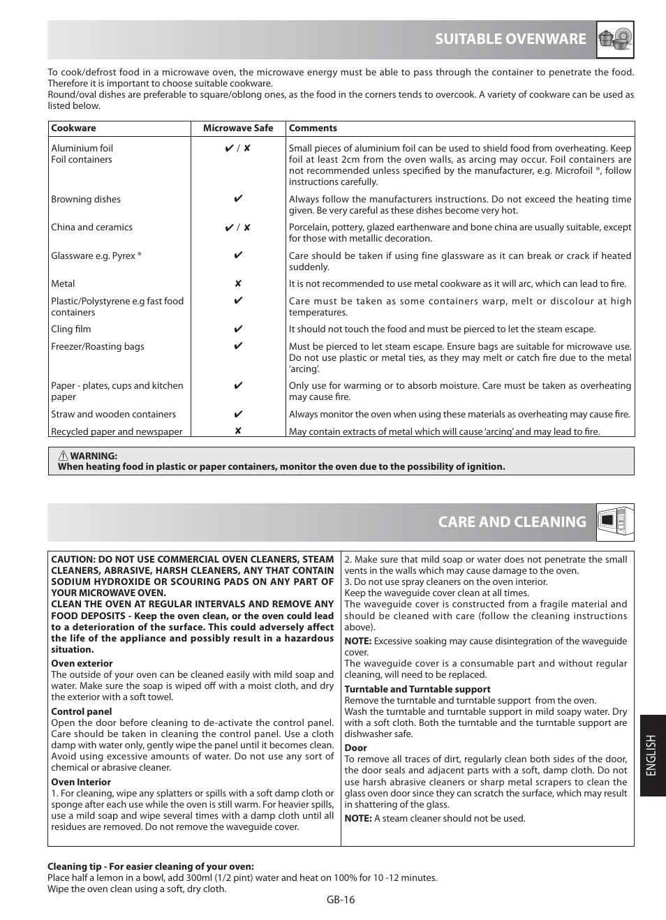 Care and cleaning, Suitable ovenware, English | Sharp R-622STM User Manual | Page 17 / 20