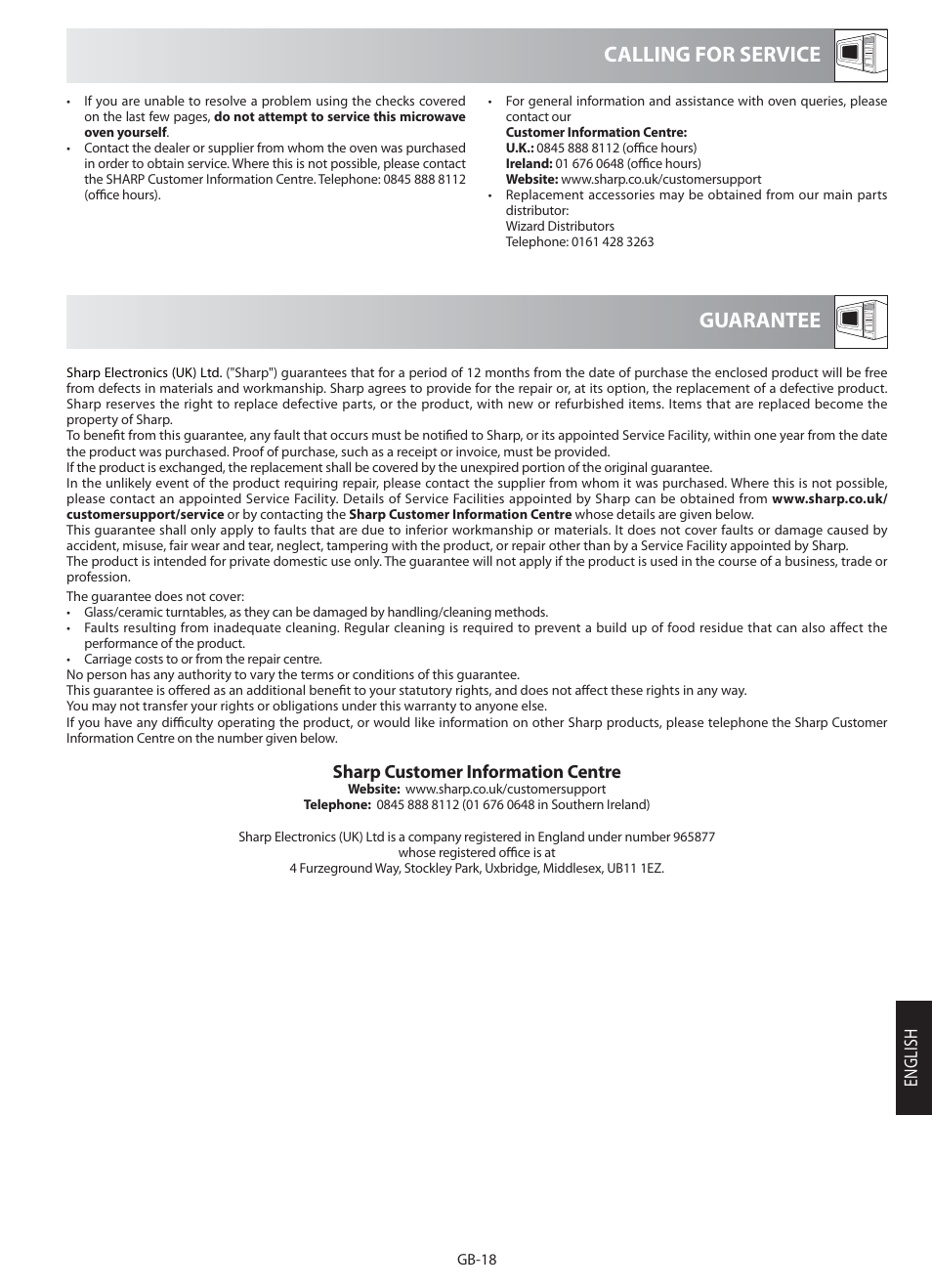 Guarantee, Calling for service, English | Sharp customer information centre | Sharp R-622STM User Manual | Page 19 / 20