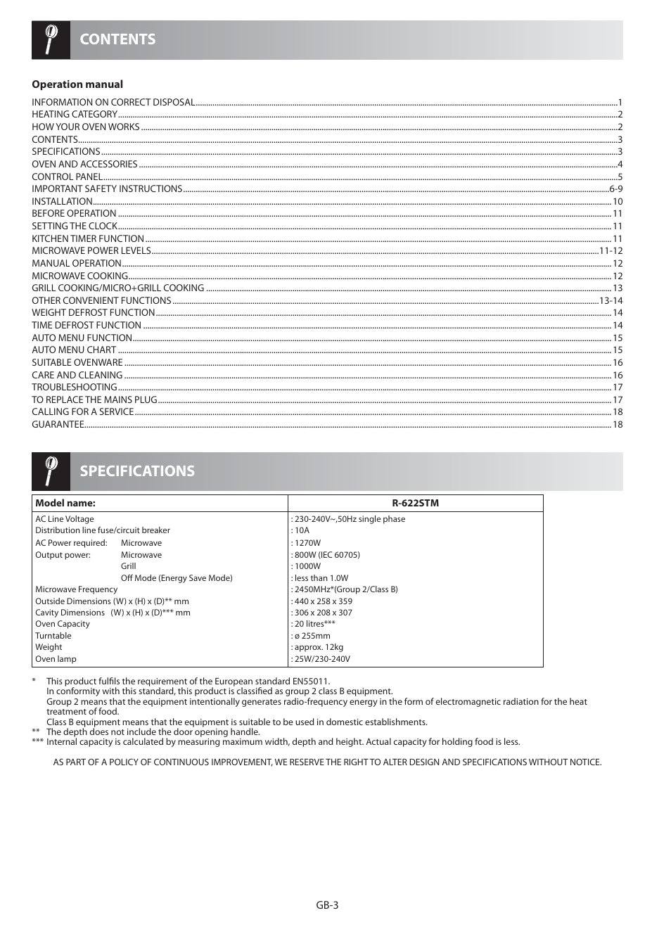 Specifications contents | Sharp R-622STM User Manual | Page 4 / 20