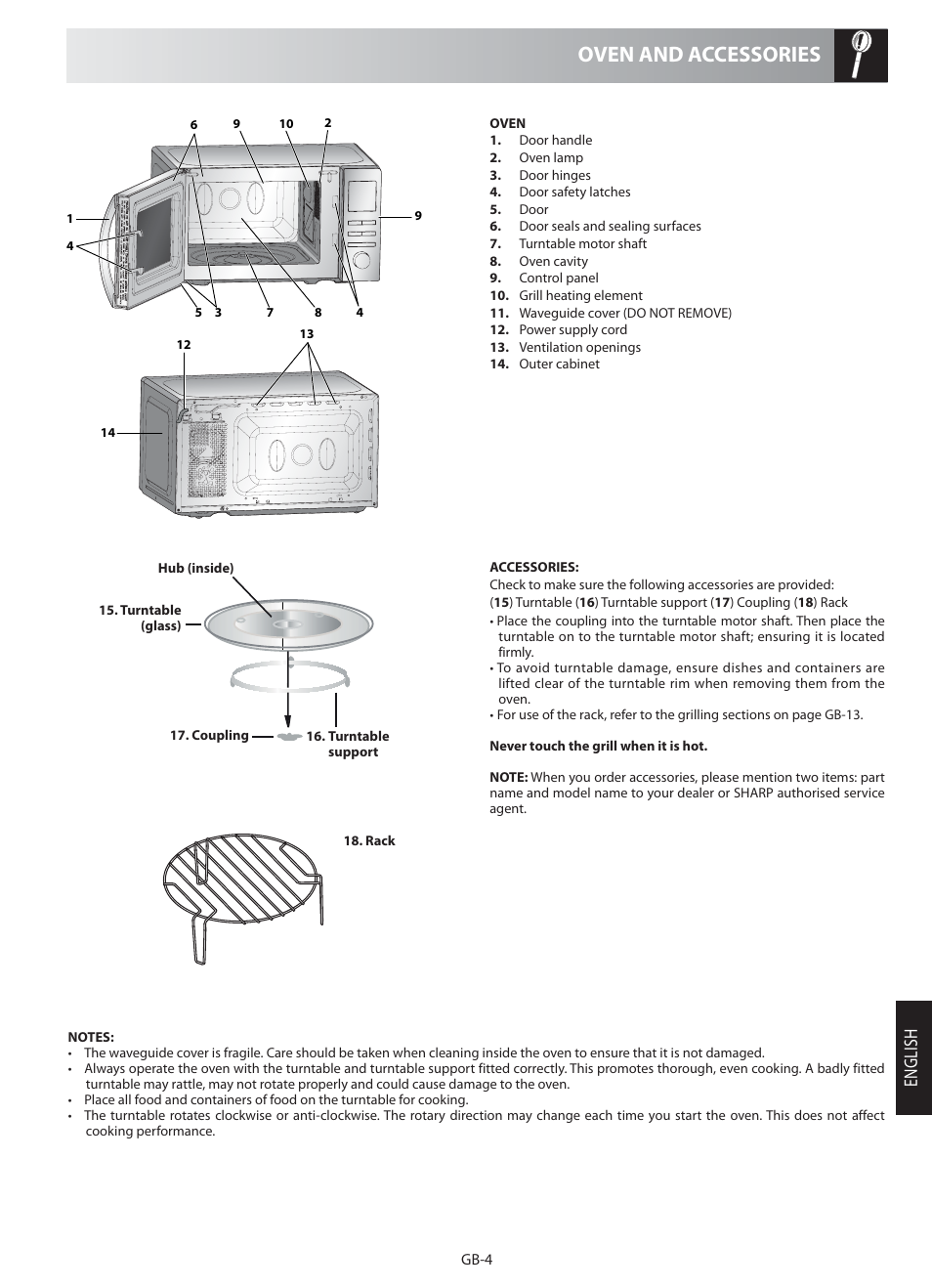 Oven and accessories, English | Sharp R-622STM User Manual | Page 5 / 20