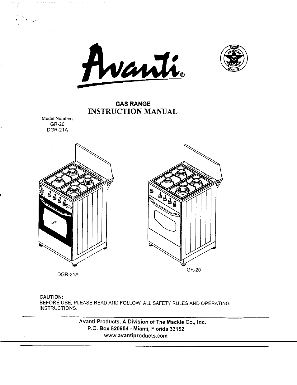 Avanti GR-20 User Manual | 23 pages