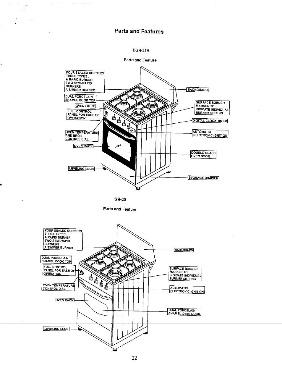 Parts and features | Avanti GR-20 User Manual | Page 22 / 23