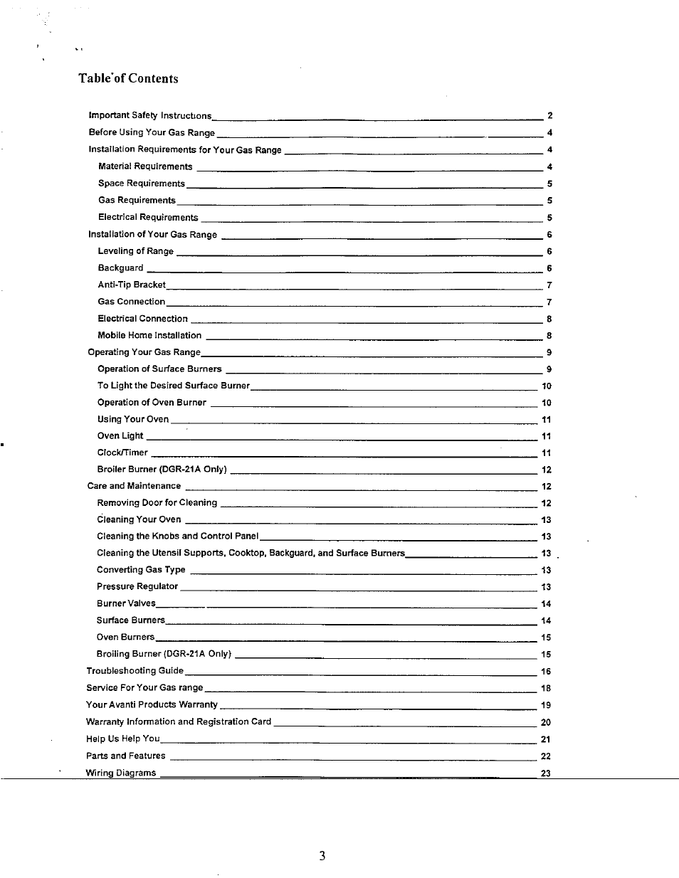 Table’of contents | Avanti GR-20 User Manual | Page 3 / 23