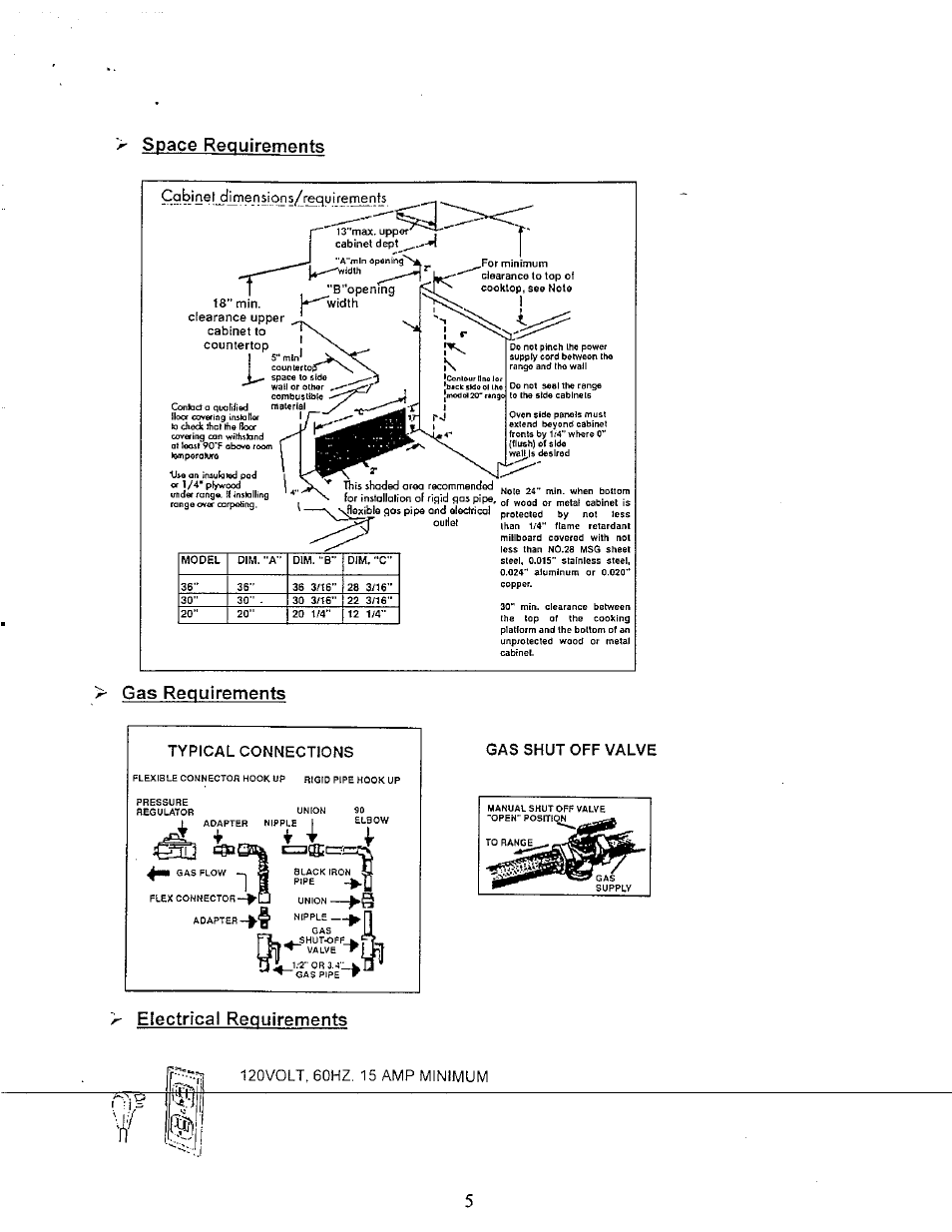 Typical connections, Gas shut off valve, Space requirements | Gas requirements, Electrical requirements | Avanti GR-20 User Manual | Page 5 / 23