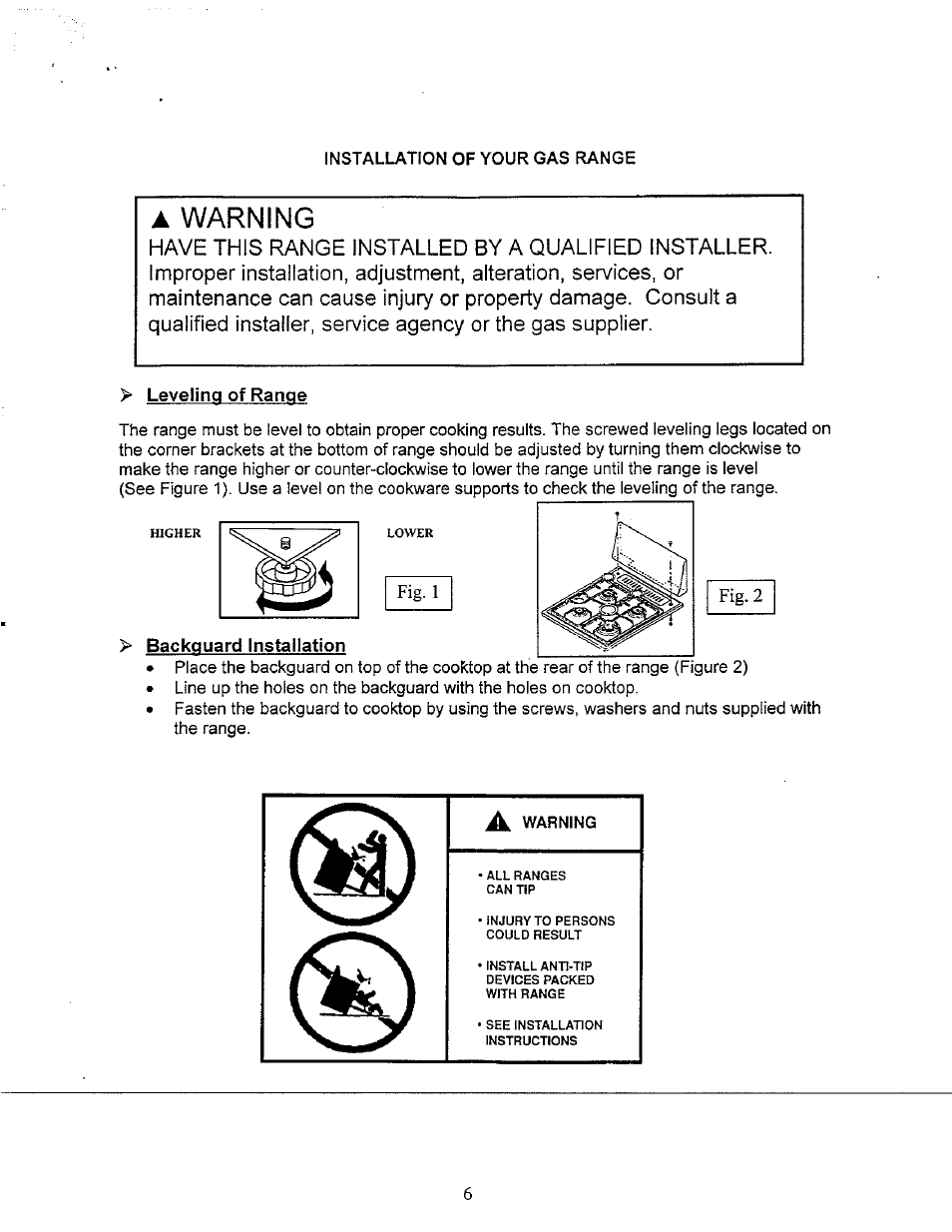 Leveling of range, Backguard installation, Warning | Fig. 1 fig. 2 | Avanti GR-20 User Manual | Page 6 / 23