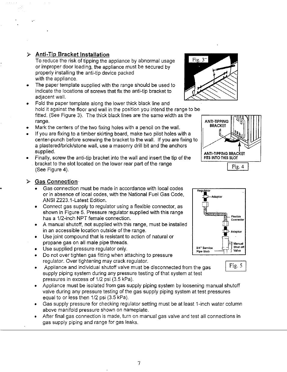 Anti-tip bracket installation, Gas connection | Avanti GR-20 User Manual | Page 7 / 23