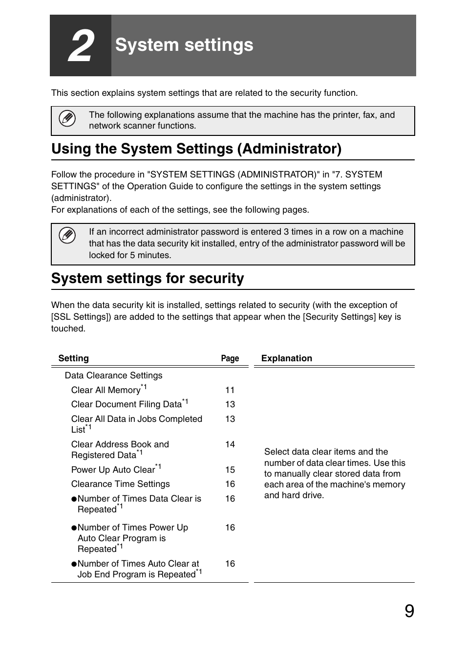 System settings, Using the system settings (administrator), System settings for security | E 9 of | Sharp MX-B382 User Manual | Page 10 / 30