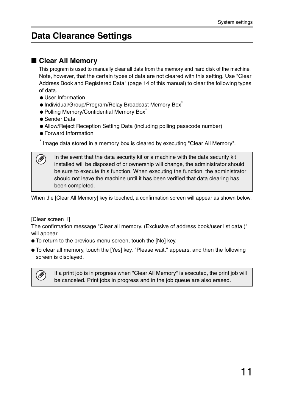 Data clearance settings, M "clear all memory, E 11 | Clear all memory | Sharp MX-B382 User Manual | Page 12 / 30