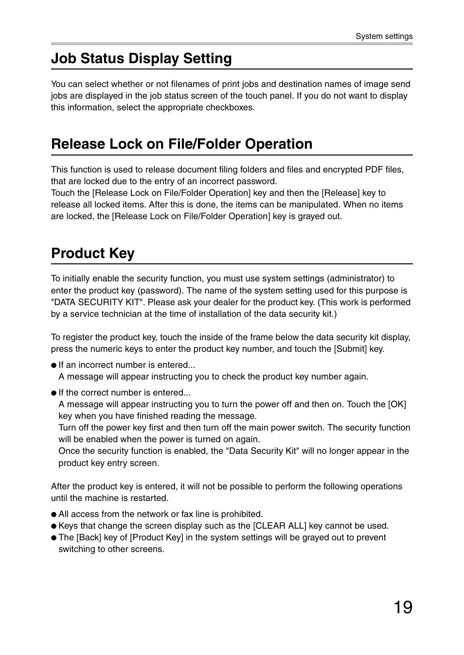 Job status display setting, Release lock on file/folder operation, Product key | E "release lock on file/ folder operation, Ge 19 | Sharp MX-B382 User Manual | Page 20 / 30