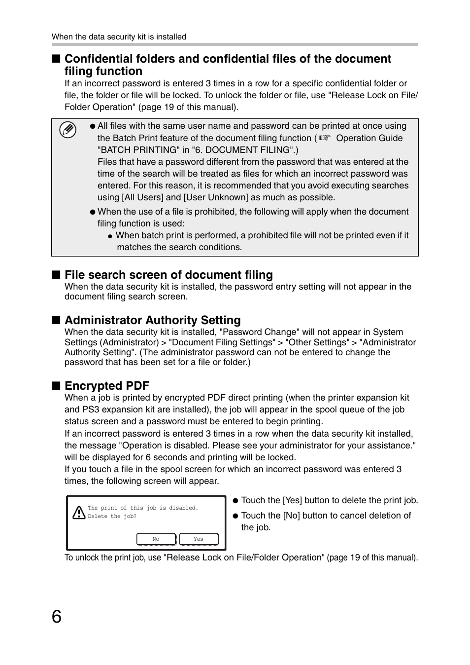 File search screen of document filing, Administrator authority setting, Encrypted pdf | Sharp MX-B382 User Manual | Page 7 / 30