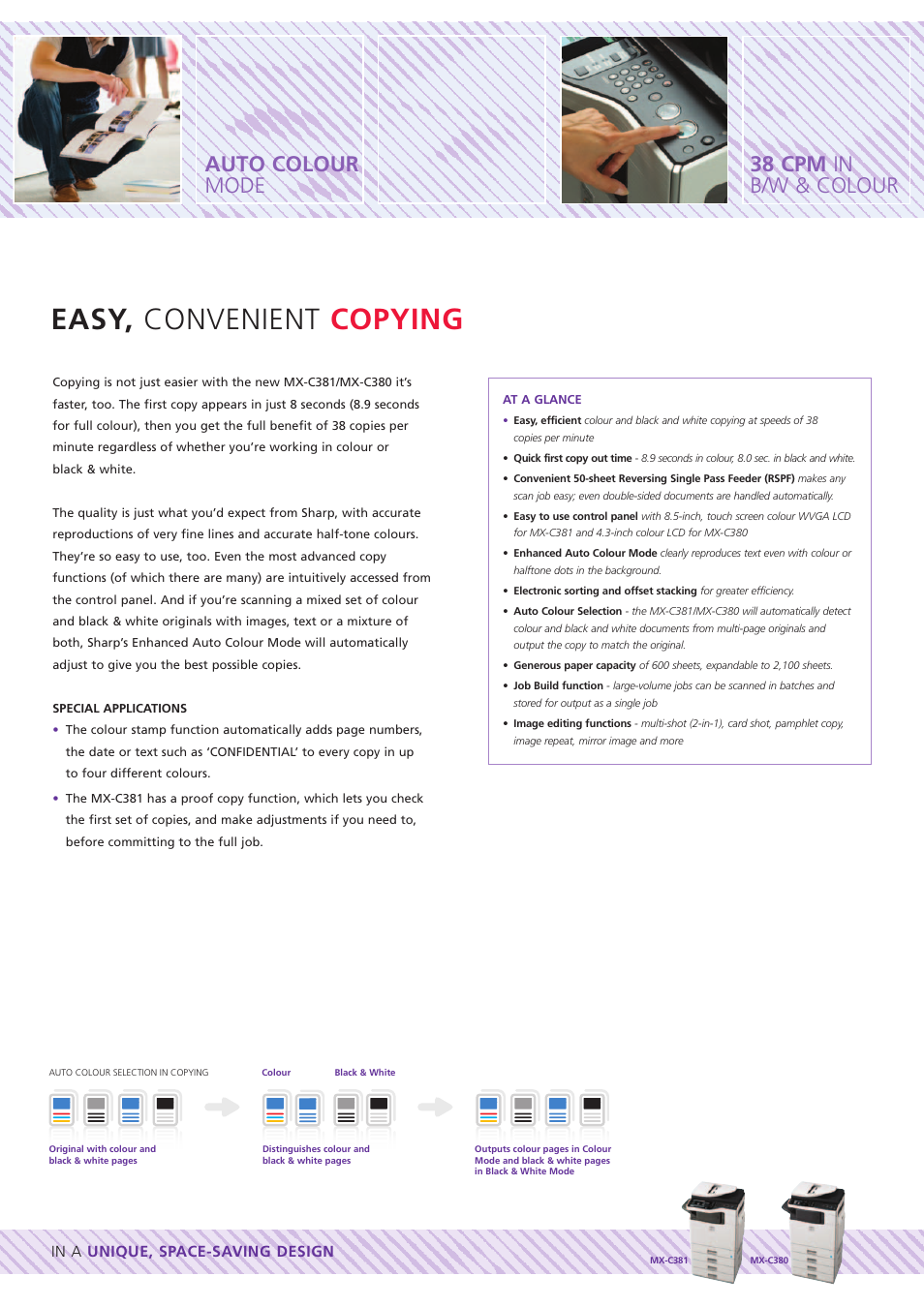 Easy, convenient copying, Auto colour mode 38 cpm in b/w & colour | Sharp MX-C381 User Manual | Page 5 / 12