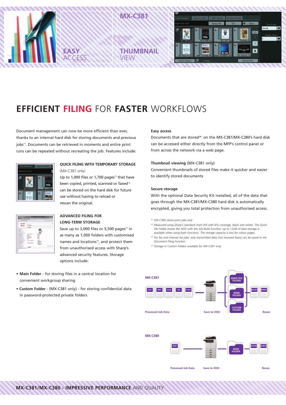 Efficient filing for faster workflows, Easy access thumbnail view, Mx-c381 | Sharp MX-C381 User Manual | Page 8 / 12