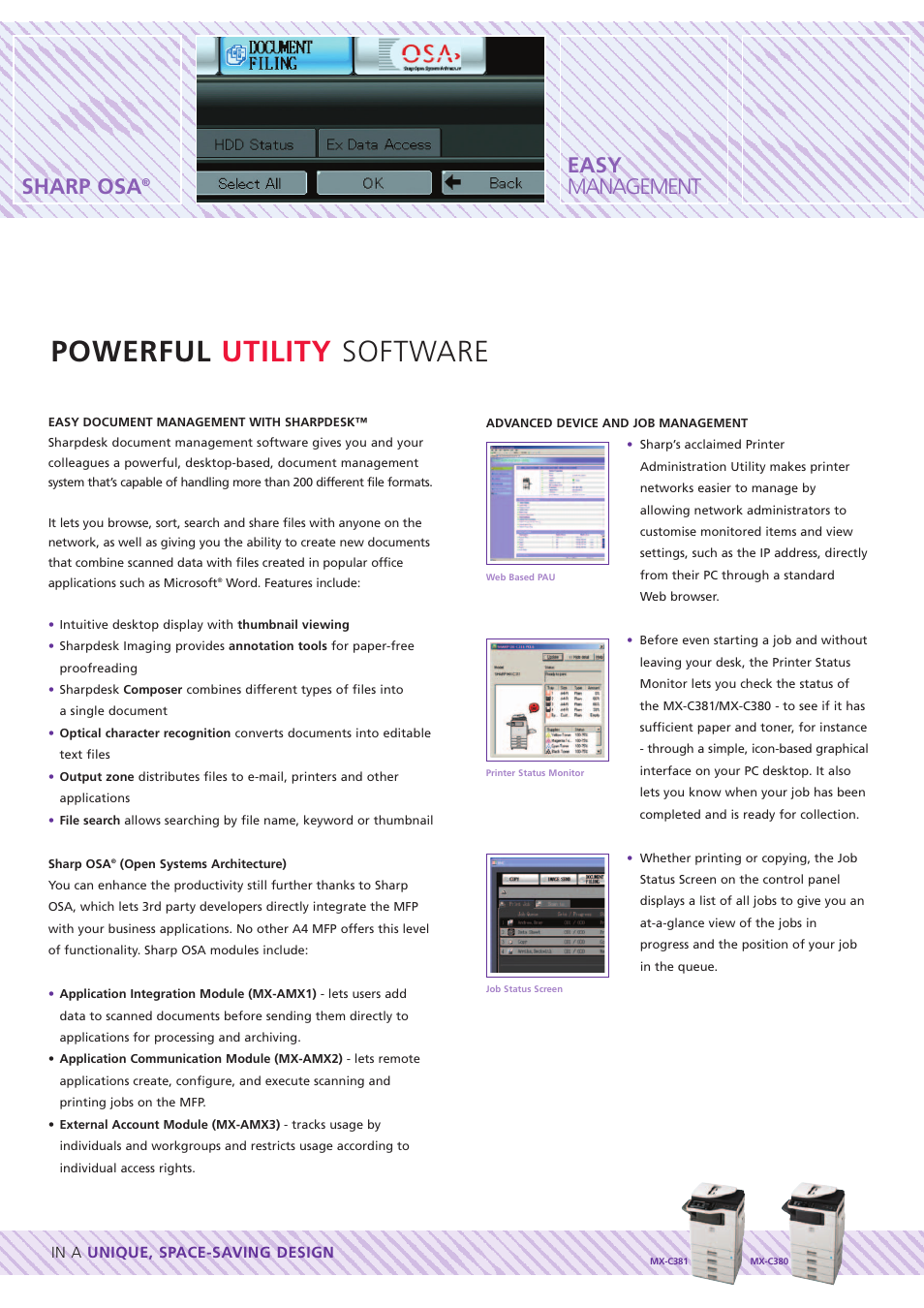 Powerful utility software, Sharp osa, Easy management | Sharp MX-C381 User Manual | Page 9 / 12