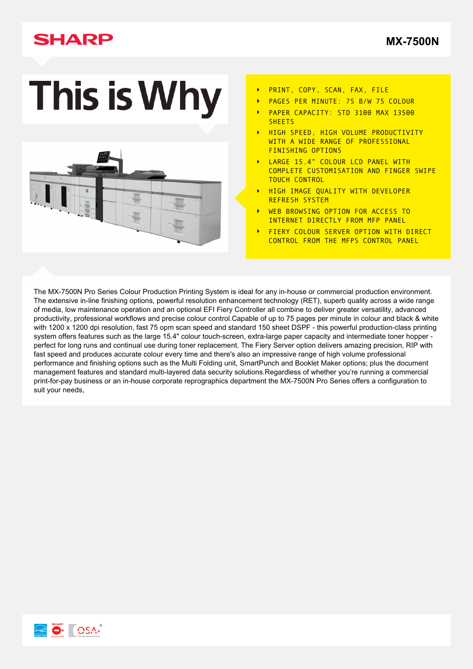 Sharp MX-7500N User Manual | 2 pages