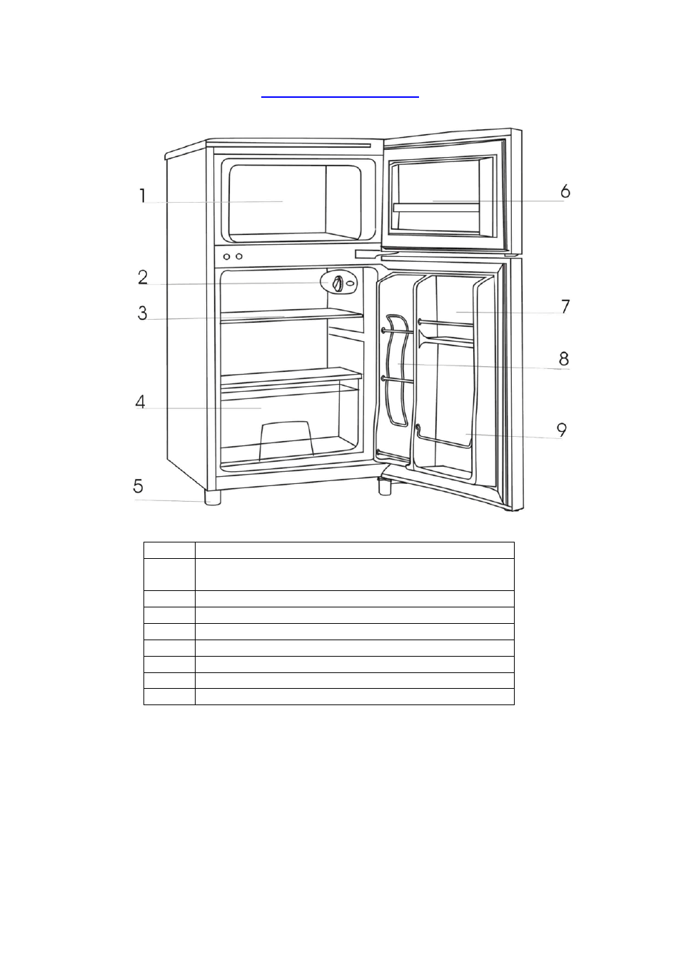 Parts and features, Freezer compartment, Temperature control | With integrated interior light assembly), Shelf (total 1), Crisper with glass cover, Leveling leg, Freezer door bin, Refrigerator door bin, Beverage can dispenser | Avanti REFRIDGERATOR-FREEZER RA3101BT User Manual | Page 6 / 20