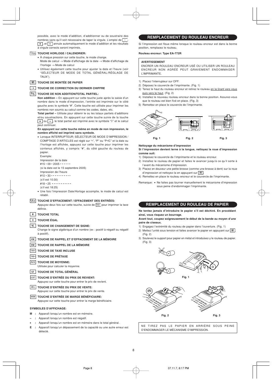 Remplacement du rouleau encreur, Remplacement du rouleau de papier | Sharp EL-2901PIII User Manual | Page 10 / 44