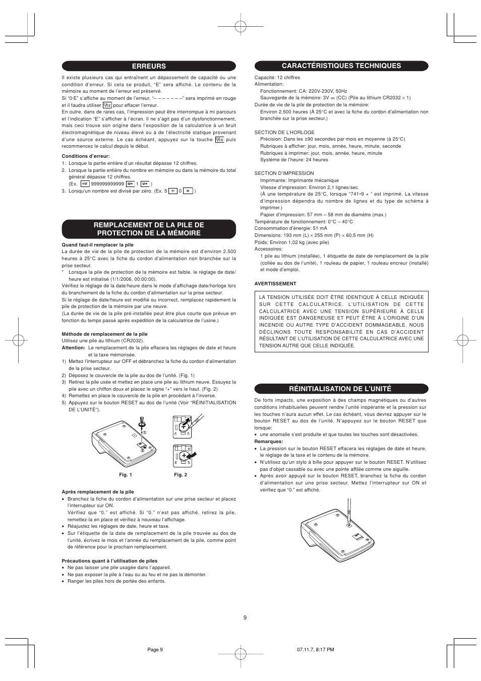 Caractéristiques techniques, Réinitialisation de l’unité, Erreurs | Sharp EL-2901PIII User Manual | Page 11 / 44