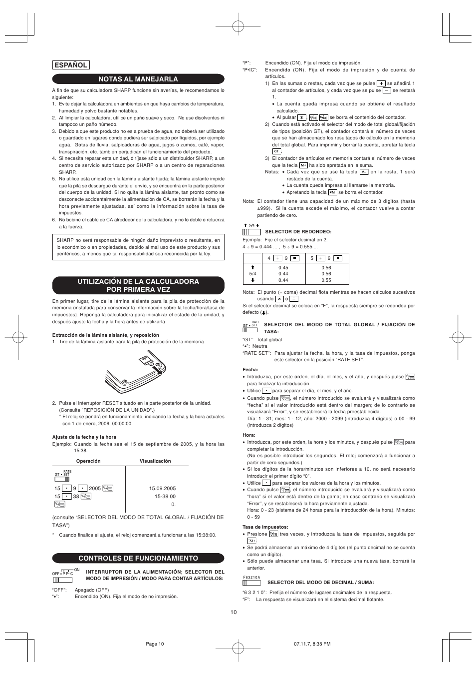 Notas al manejarla, Utilización de la calculadora por primera vez, Controles de funcionamiento | Español | Sharp EL-2901PIII User Manual | Page 12 / 44