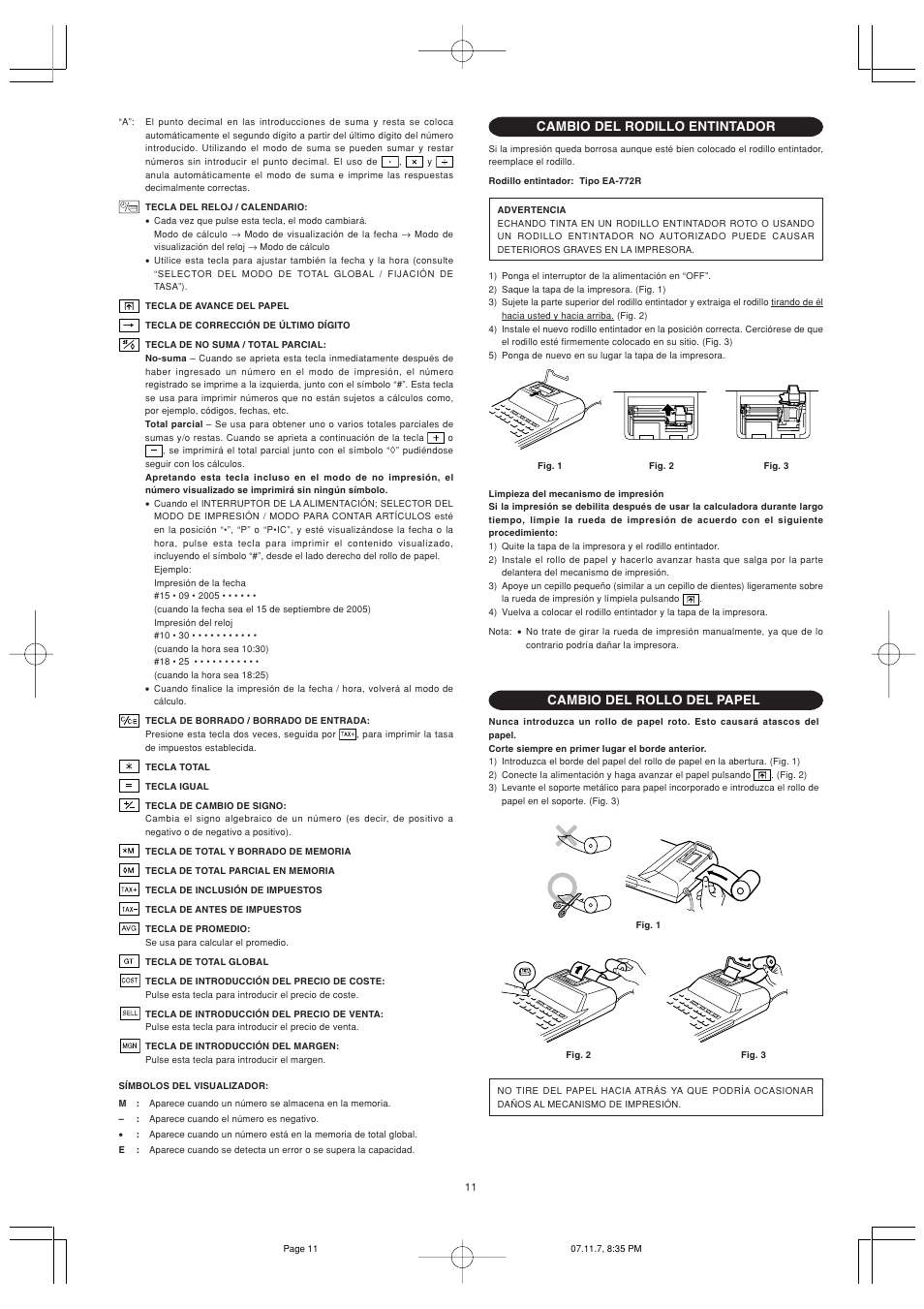 Cambio del rodillo entintador, Cambio del rollo del papel | Sharp EL-2901PIII User Manual | Page 13 / 44