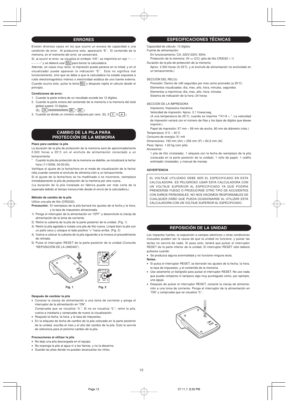 Especificaciones técnicas, Reposición de la unidad, Errores | Sharp EL-2901PIII User Manual | Page 14 / 44