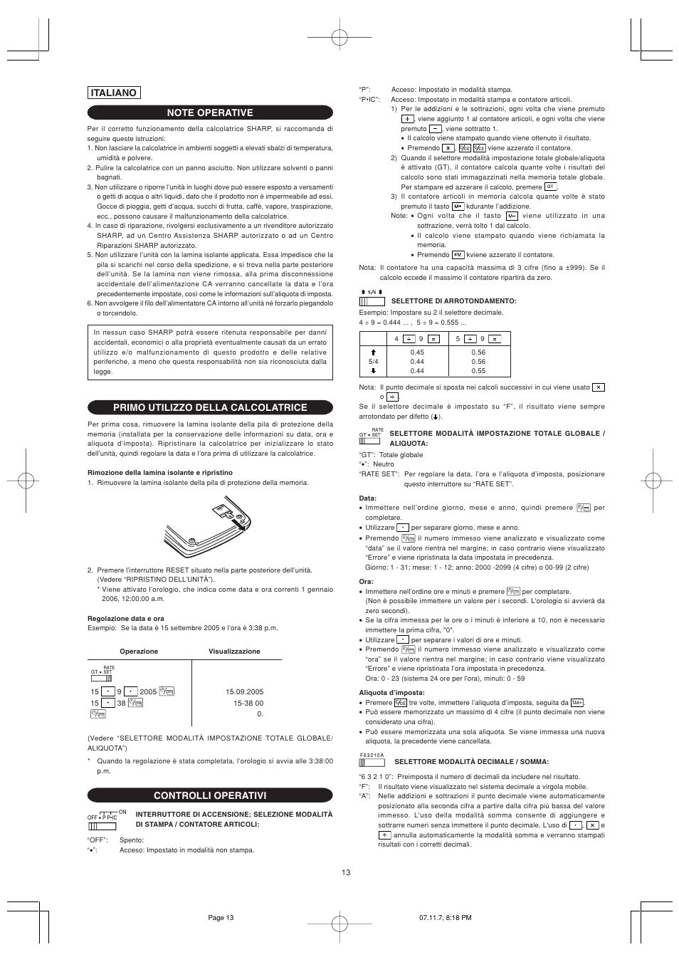 Primo utilizzo della calcolatrice, Controlli operativi, Italiano | Sharp EL-2901PIII User Manual | Page 15 / 44