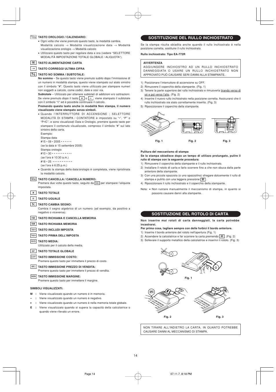 Sostituzione del rullo inchiostrato, Sostituzione del rotolo di carta | Sharp EL-2901PIII User Manual | Page 16 / 44