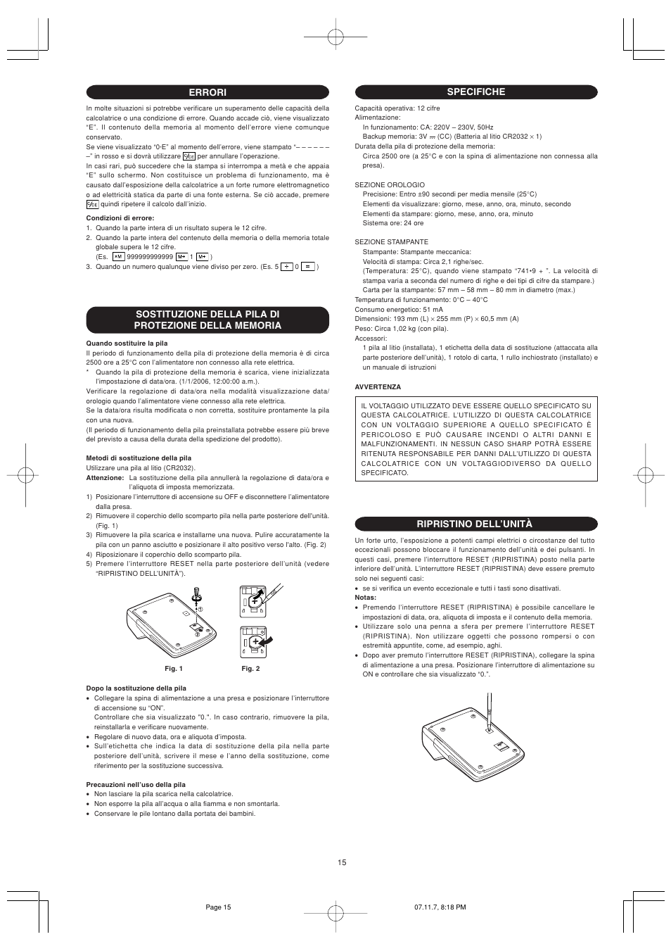 Specifiche, Ripristino dell’unità, Errori | Sharp EL-2901PIII User Manual | Page 17 / 44