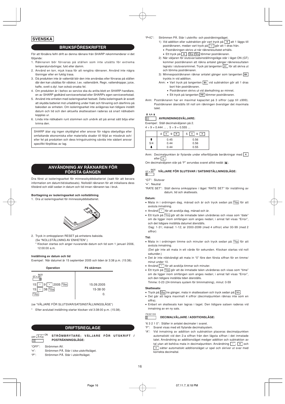 Bruksföreskrifter, Användning av räknaren för första gången, Driftsreglage | Svenska | Sharp EL-2901PIII User Manual | Page 18 / 44