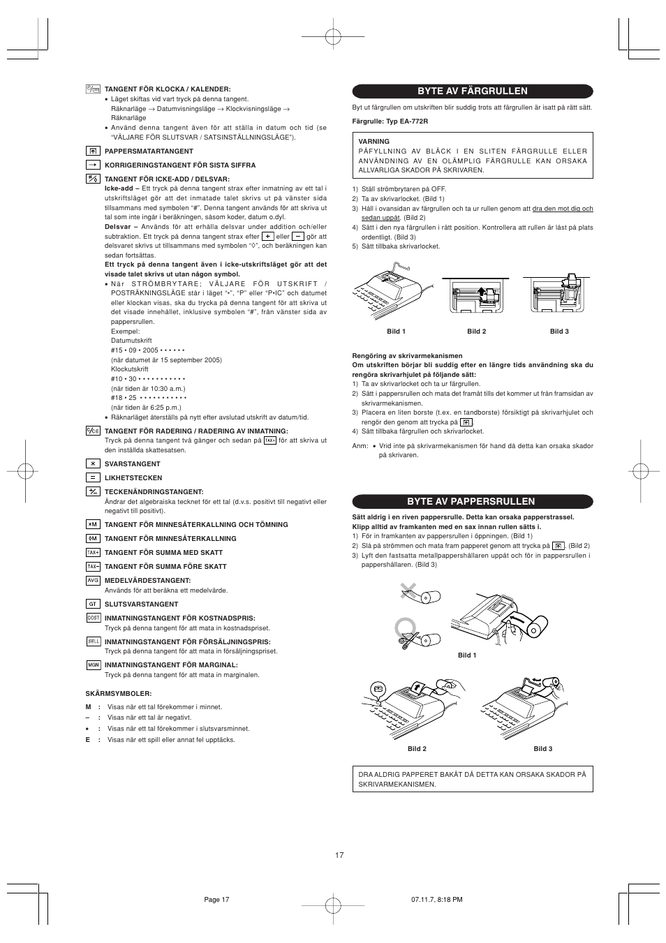 Byte av färgrullen, Byte av pappersrullen | Sharp EL-2901PIII User Manual | Page 19 / 44