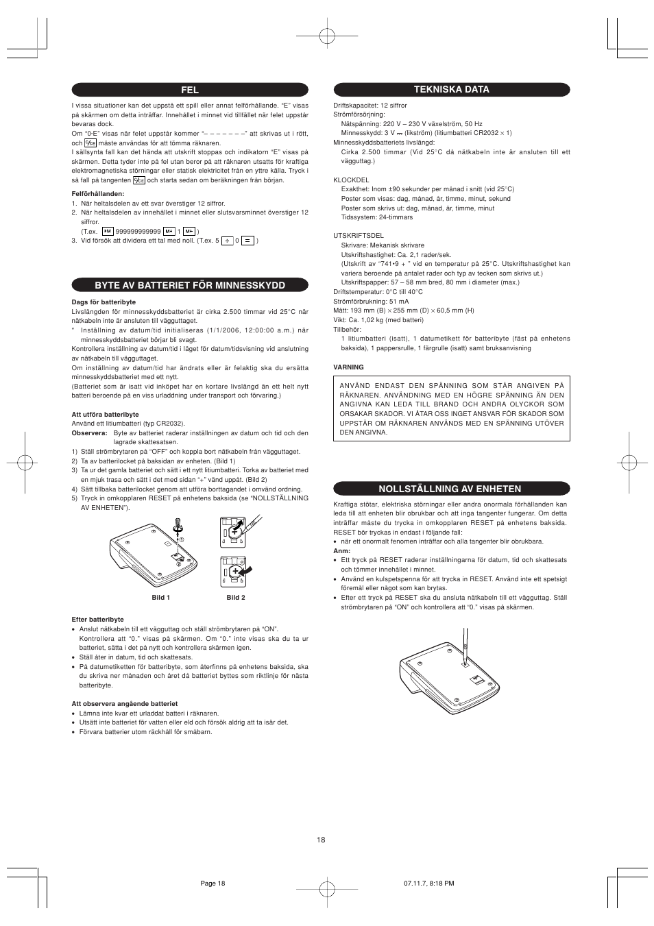 Byte av batteriet för minnesskydd, Tekniska data, Nollställning av enheten | Sharp EL-2901PIII User Manual | Page 20 / 44