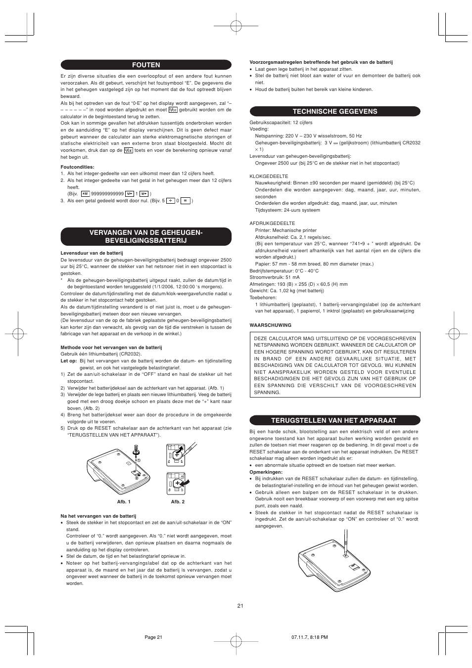 Vervangen van de geheugen- beveiligingsbatterij, Technische gegevens, Terugstellen van het apparaat | Fouten | Sharp EL-2901PIII User Manual | Page 23 / 44