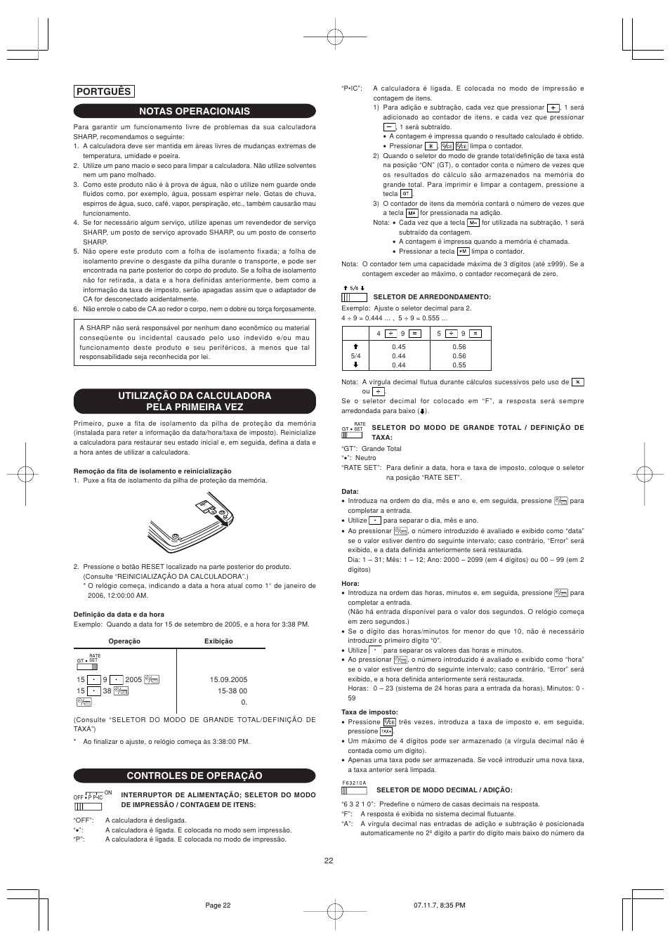 Notas operacionais, Utilização da calculadora pela primeira vez, Controles de operação | Portguês | Sharp EL-2901PIII User Manual | Page 24 / 44