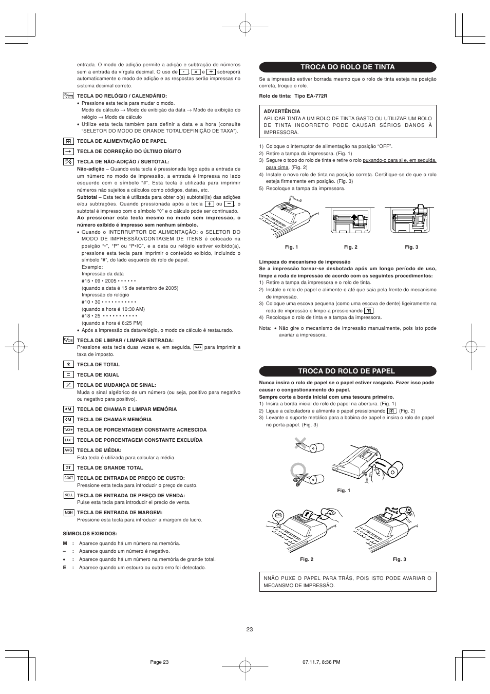 Troca do rolo de tinta, Troca do rolo de papel | Sharp EL-2901PIII User Manual | Page 25 / 44