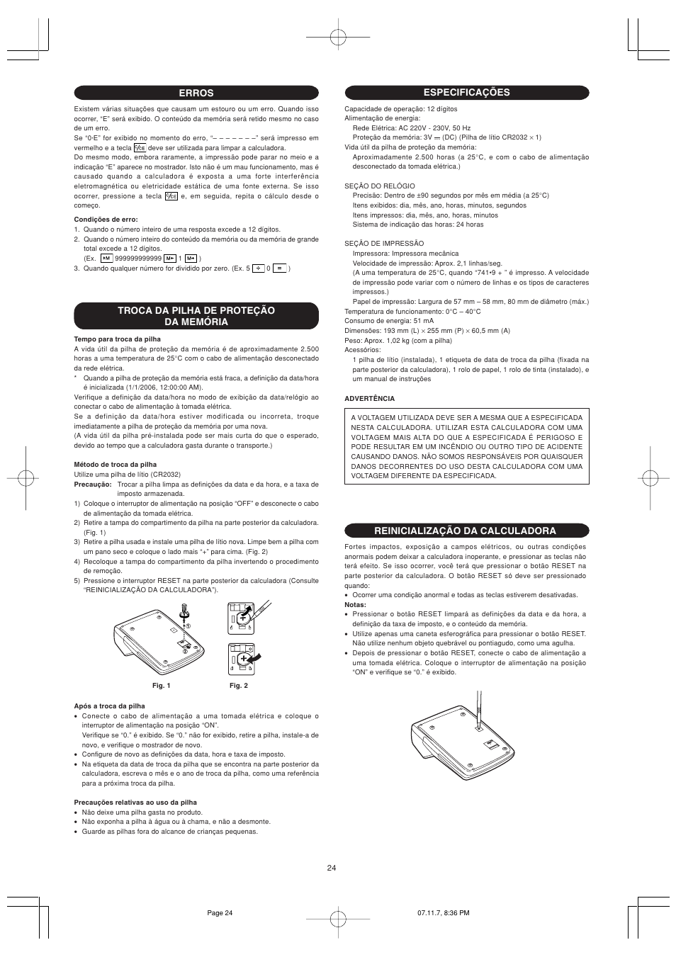 Troca da pilha de proteção da memória, Especificações, Reinicialização da calculadora | Erros | Sharp EL-2901PIII User Manual | Page 26 / 44