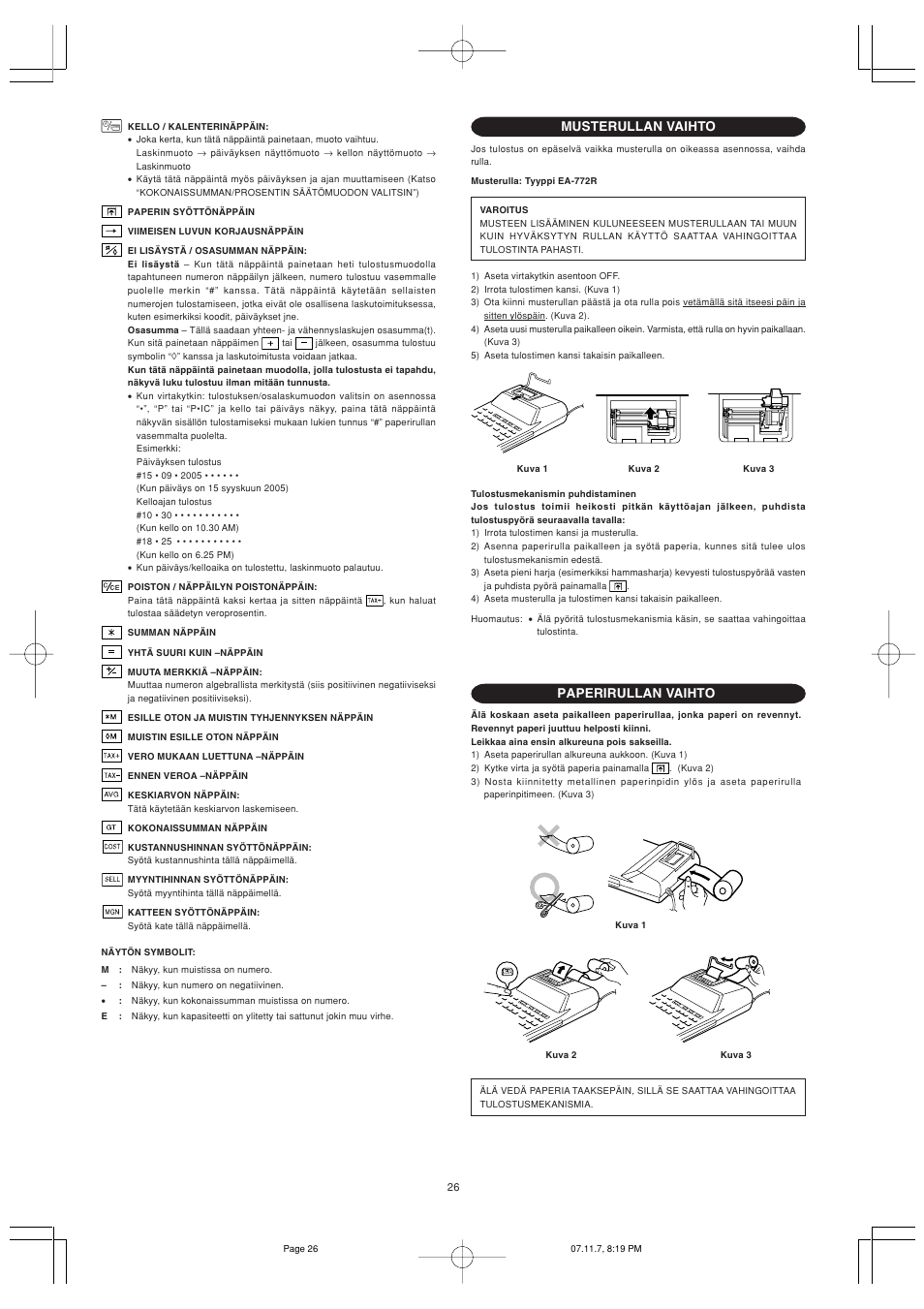 Musterullan vaihto, Paperirullan vaihto | Sharp EL-2901PIII User Manual | Page 28 / 44