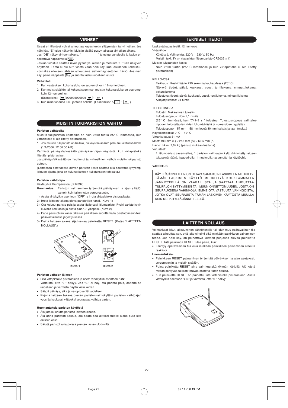 Muistin tukipariston vaihto, Tekniset tiedot, Laitteen nollaus | Virheet | Sharp EL-2901PIII User Manual | Page 29 / 44