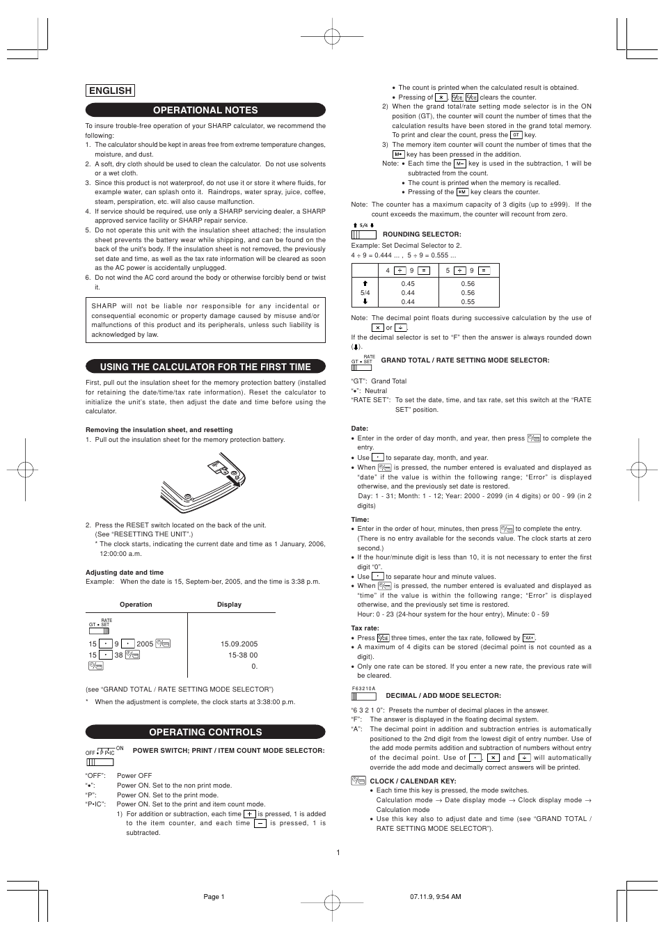 Using the calculator for the first time, Operating controls, English | Sharp EL-2901PIII User Manual | Page 3 / 44