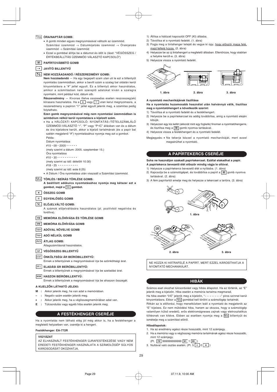 A festékhenger cseréje, A papírtekercs cseréje, Hibák | Sharp EL-2901PIII User Manual | Page 31 / 44