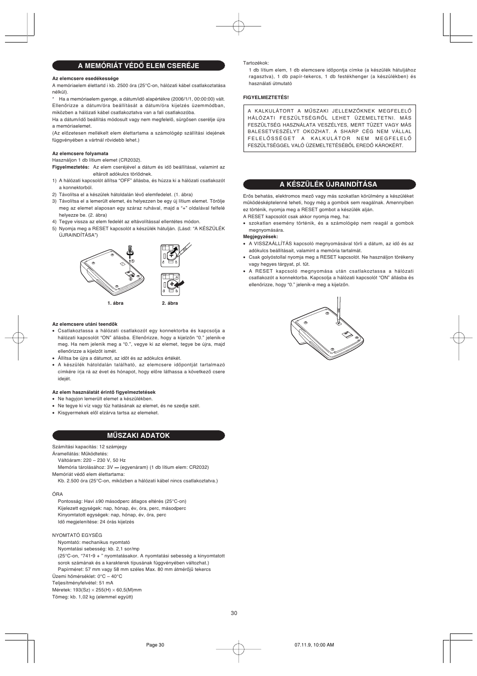 A memóriát védő elem cseréje, Műszaki adatok, A készülék újraindítása | Sharp EL-2901PIII User Manual | Page 32 / 44