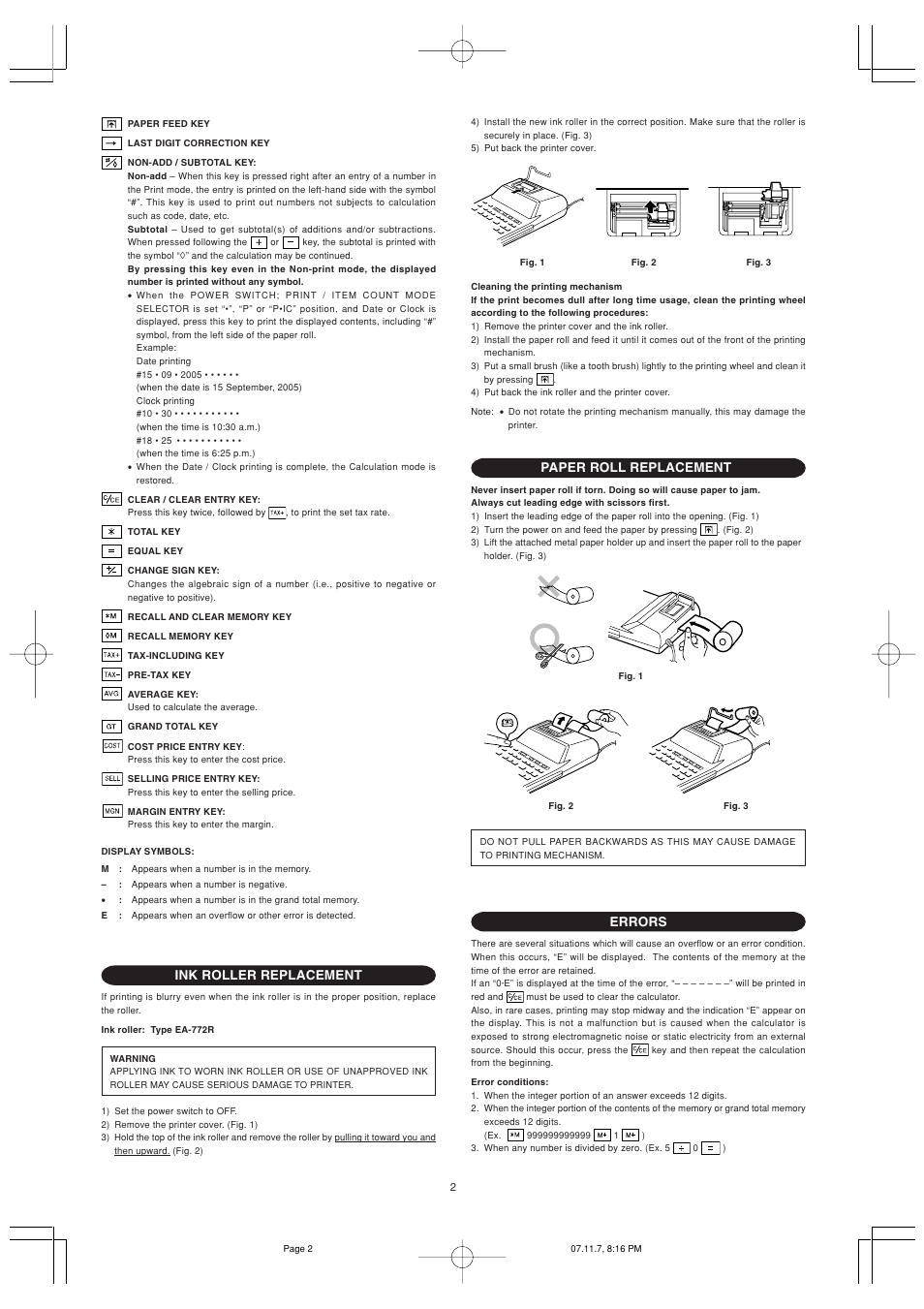 Ink roller replacement, Paper roll replacement, Errors | Sharp EL-2901PIII User Manual | Page 4 / 44