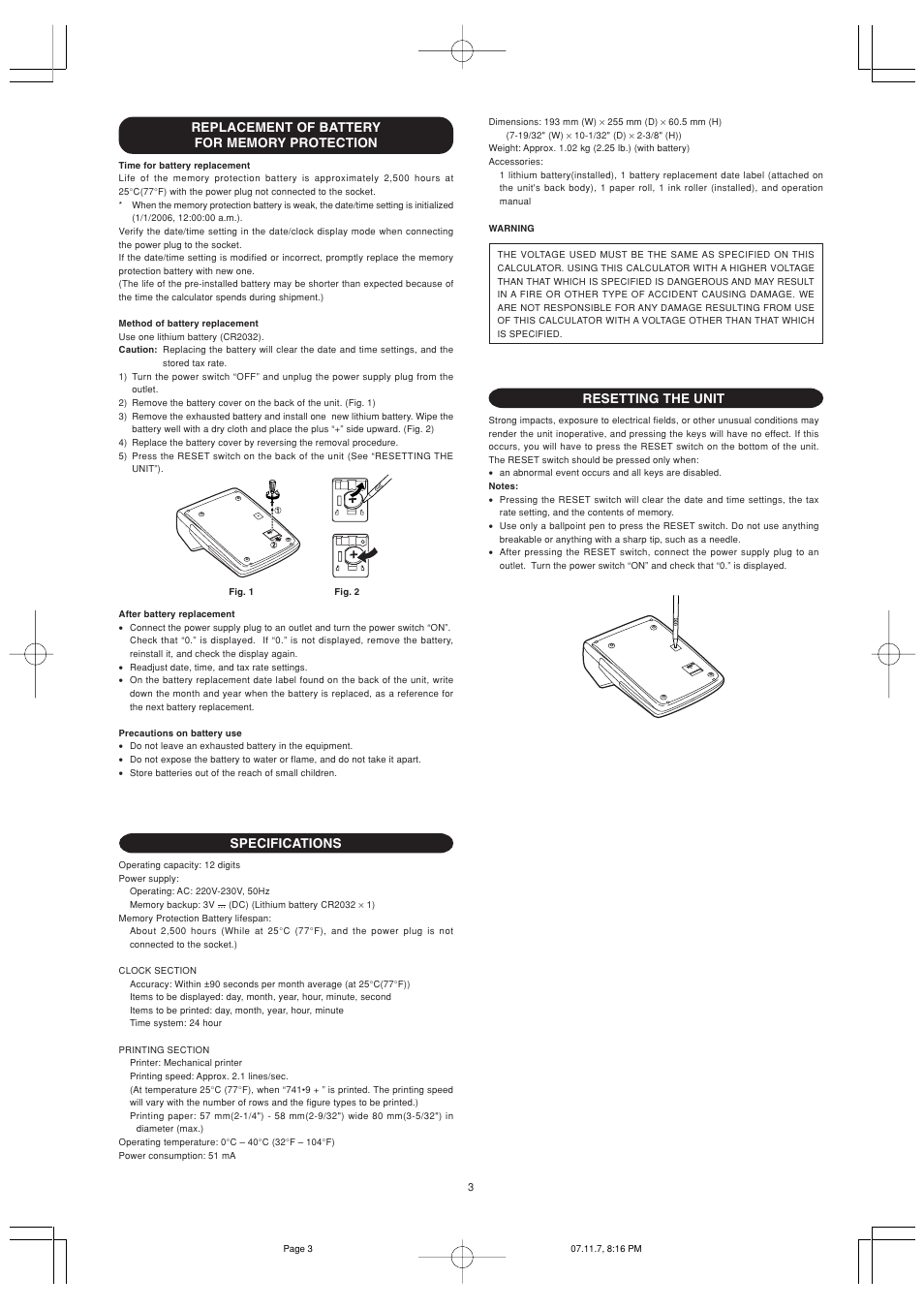 Specifications, Resetting the unit | Sharp EL-2901PIII User Manual | Page 5 / 44