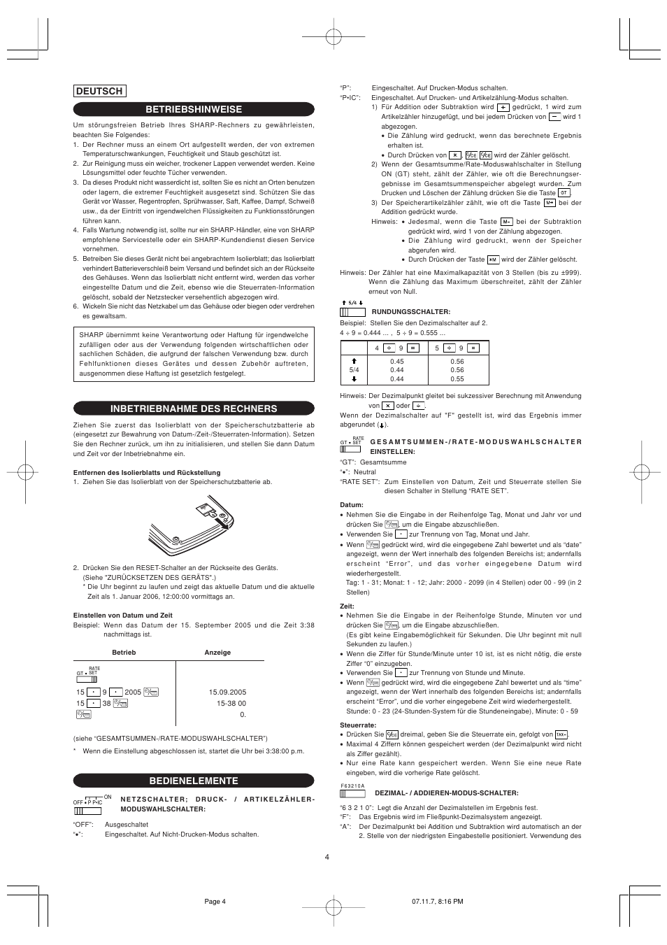 Betriebshinweise, Inbetriebnahme des rechners, Bedienelemente | Deutsch | Sharp EL-2901PIII User Manual | Page 6 / 44